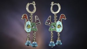 Серьги Птицы с горячей эмалью, камнями и зернью