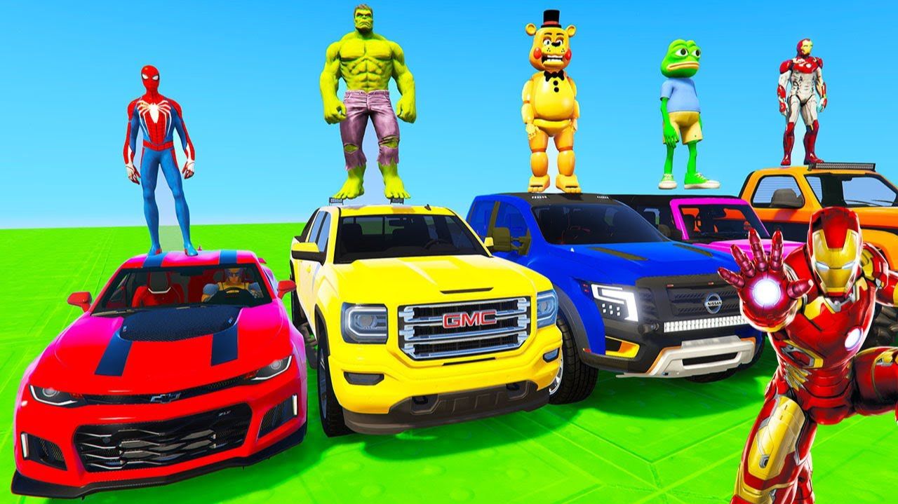 ЧЕЛОВЕК-ПАУК и ТАЧКИ Цветной Блок ГОДЗИЛЛА ПРЫЖОК НА ТРАМПЛИНЕ Новая Эпическая Супер Гонка с Трюками