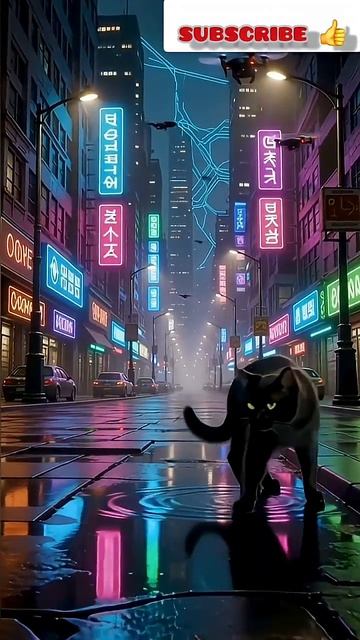 Красивый черный кот в городе будущего смотреть онлайн