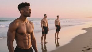 🌅 ТРОЕ МУЖЧИН. ОДНА ЦЕЛЬ: ИДЕАЛЬНОЕ ТЕЛО НА ЗАКАТЕ (AI-ГЕНЕРАЦИЯ)