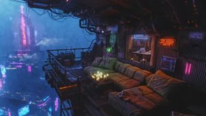 Lo-fi Vibes Out of the Rain in a Future Skyline Perfect for Focus and Relaxation