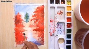 Акварельный рисунок осеннего пейзажа с парой, идущей рука об руку. Простой пошаговый урок рисования