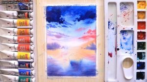 Мастер-класс пошаговый по рисованию акварелью закатных облаков и морского пейзажа с лодкой