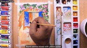 Акварельный рисунок для начинающих цветочное дерево и простое окно