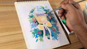 Новогодняя открытка акварелью. Рисуем фонарь со свечой