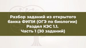 Разбор заданий из открытого банка ОГЭ по биологии (ФИПИ). Раздел КЭС 1.1. Часть 1 (30 заданий)