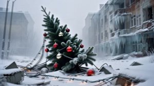 Заброшенная елка с игрушками в снежном дворе разрушенного дома. ai-генерация