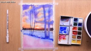 Мастер-класс по рисованию акварелью зимнего вечернего пейзажа на закате