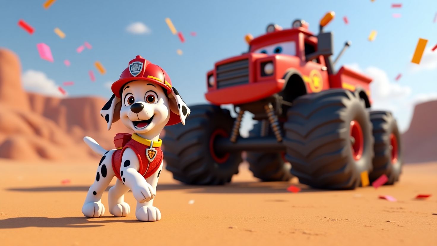 Щенячий патруль, Скай, Маршал, Эверест, Гончик, Крепыш и Зума на монстр траках