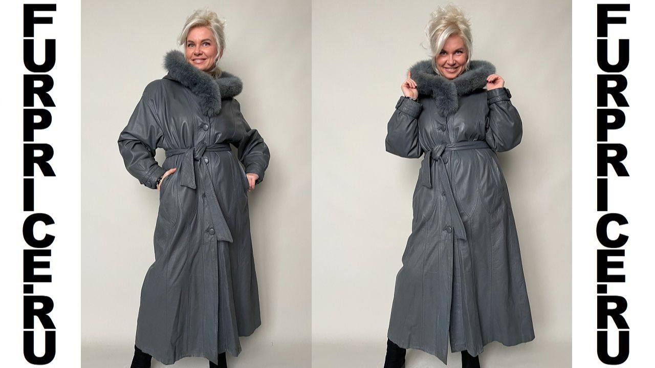 Плащ женский из натуральной кожи с капюшоном цв.серый р.46-48 /12595/