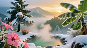 Волшебный контраст: снег и тропические цветы у горячего источника на рассвете.