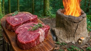 Приготовление стейка в глиняной печи сделанной из глины и палок.