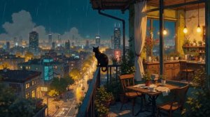 Lofi Balcony in Japan Rainy Cozy Cat City Lights Relaxing Lofi Ambience for Study Sleep