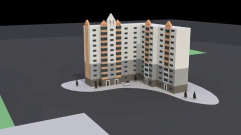 3д здание с деревьями и автомобилем