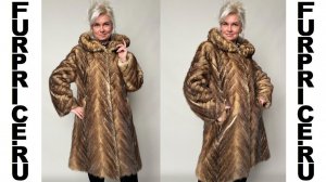 Шуба из хвостов норки с капюшоном цв.бежевый дл.90 см р.46-48 /12596/
