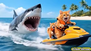 Мама кошка берет котенка на море.