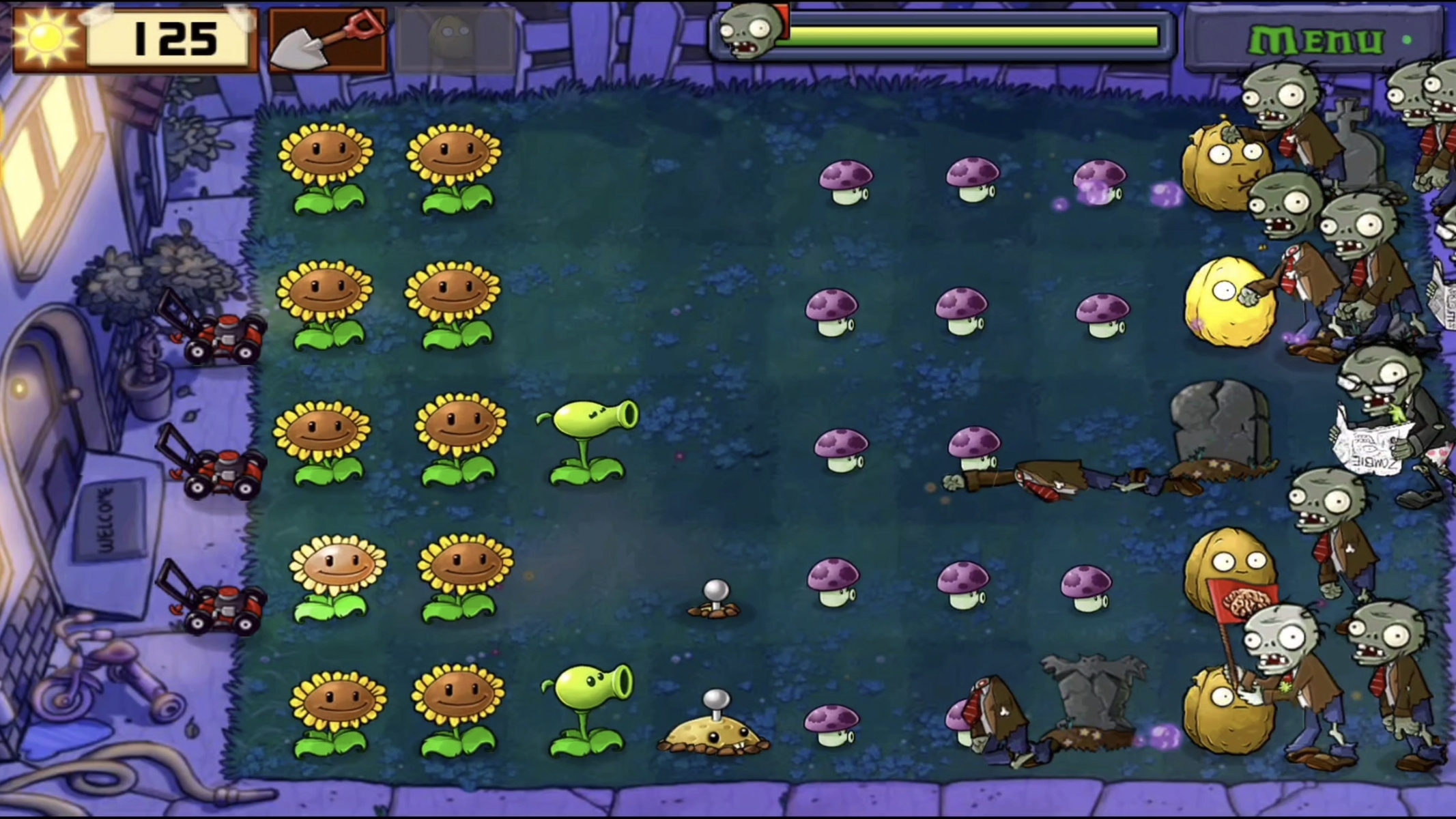 Зомби против растений. Ночь, 1 уровень