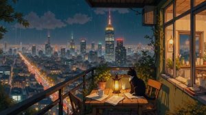 Quiet Tokyo Balcony Night Cozy Lofi Rainfall for Study Work Chill