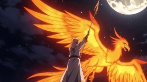 Аниме-стиль: маг призывает огненного феникса, крылья птицы озаряют сцену, позади луна и ночное небо.