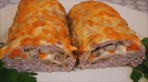 ЗАКУСКА рецепт МЯСНОЙ рулет из фарша с грибами и сыром ЗАКУСКИ на праздничный стол