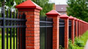 Одеваем металлические колпаки на кирпичные столбы забора.