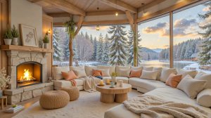 Зимняя уютная гостиная ❄️ Тихий вечер у камина с видом на заснеженный лес под джаз ✨🔥