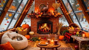 Уютный Вечер в Честь Дня Благодарения 🦃🔥 Потрескивающий Камин, Тихий Снегопад и Зимняя Атмосфера