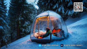 Прозрачная палатка с печкой в глубоком снегу. Сольное лесное приключение