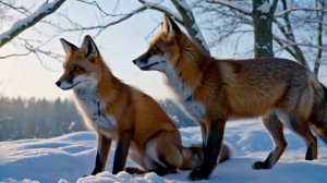 Лисы на снегу, раннее утро, солнечные лучи создают золотистые блики.