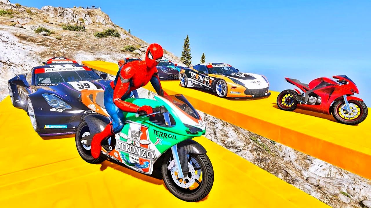 Человек-паук Супер Гонка на Мотоциклах над ОЗЕРОМ! Супергерои Паучок протев Халка на Мотоцикле!