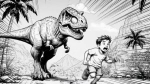 Динозавр гонится за парнем который не учит уроки