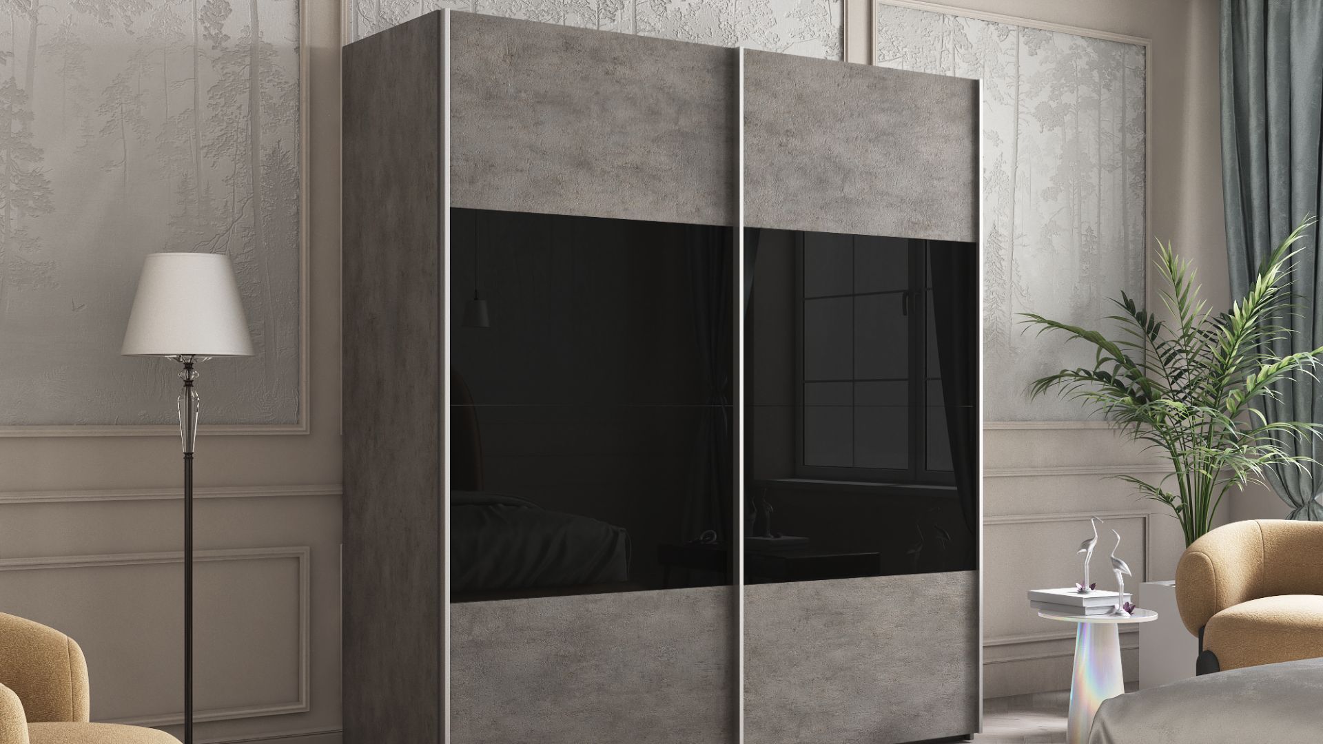 Обзор 2-х дверного шкафа-купе серии "Эста" Фасад: Бетон / Черное стекло, Корпус: Бетон смотреть онлайн