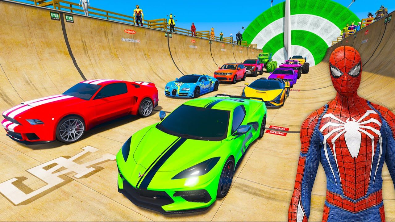 Человек-паук на машинах Супер Гонка на пустынной рампе! Супергерой Халк, Гоку - Гоночные машины.