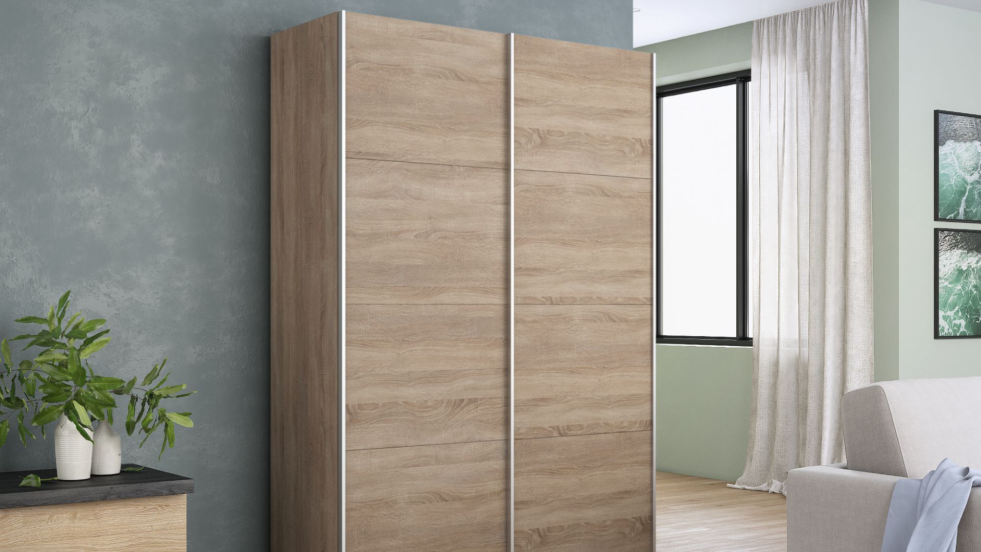 Обзор 2-х дверного шкафа-купе серии "Прайм", Фасад: Дуб Сонома. Корпус: Дуб Сонома смотреть онлайн