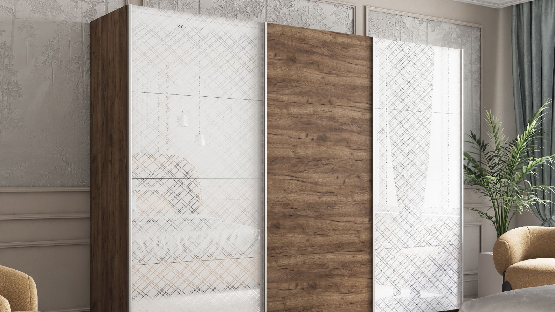 Обзор 3-х дверного шкафа-купе серии "Эста" лдсп, Фасад: Крафт табачный / Белый снег смотреть онлайн