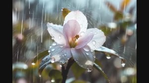 Танцует дождь на лепестках цветов.