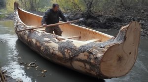 Мужчина выдолбил из огромного бревна лодку.