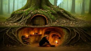 Строю укрытие в корнях гигантского дерева. Ужин в теплой и уютной землянке. Бушкрафт