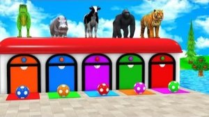 Игра с длинными слайдами с участием коровы, слона, гориллы, бегемота, тигра,