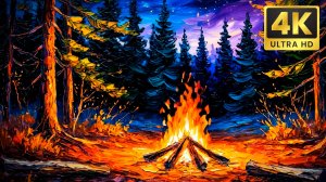 Уютный костер в тихом лесу 4К. Живая картина маслом - Ночь в лесу. Уютная обстановка