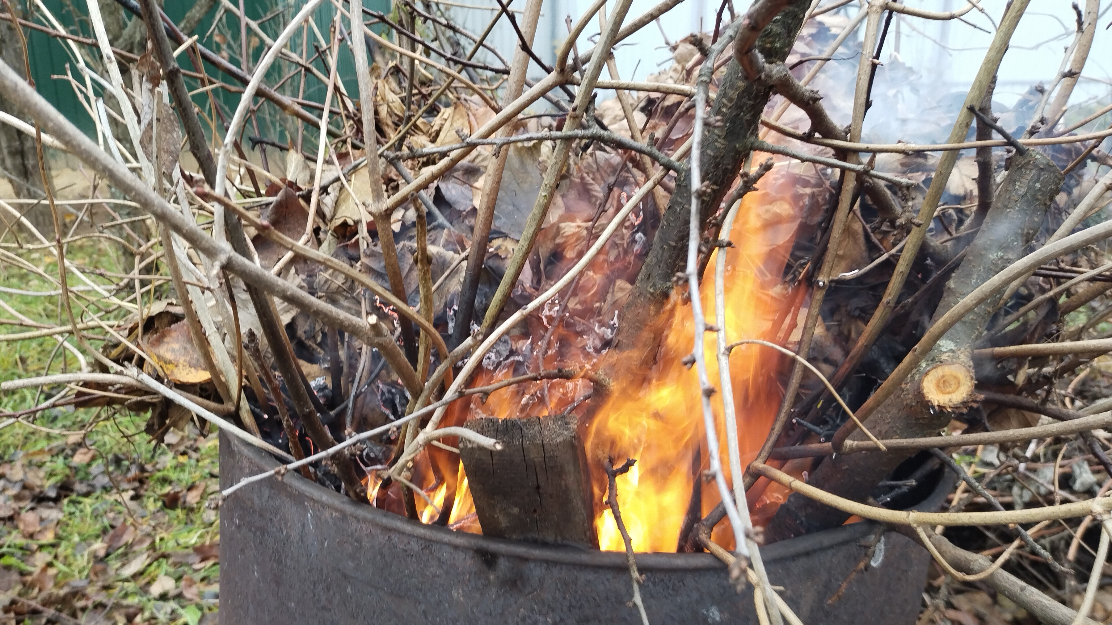 Сжигание осенних дачных листьев и веток
