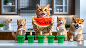 😹Мама кошечка ест со своими маленькими котятками вкусное арбузное мороженое🔥