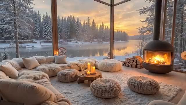 Вечерний джаз у камина в формате На теплом балконе у озера с успокаивающим джазом и снежной