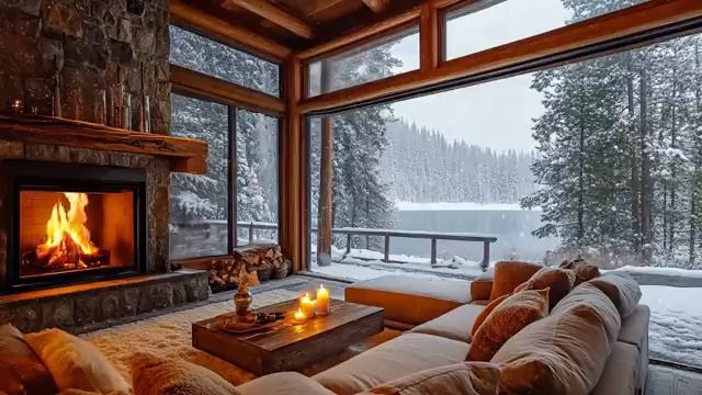 Успокаивающая фортепианная музыка, звуки камина в снежный осенний день в уютной гостиной