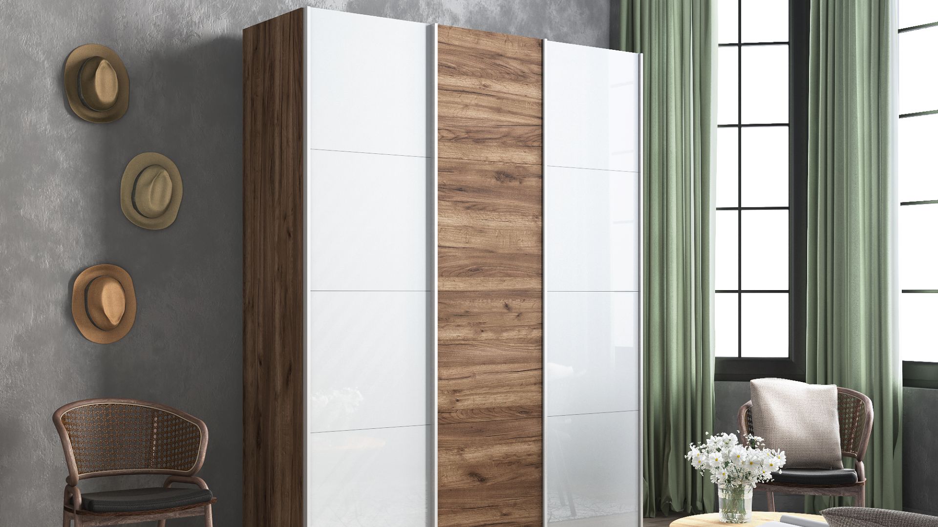 Обзор 3-х дверного шкафа-купе серии "Прайм", Фасад: Крафт Табачный / Бетон, Корпус: Крафт Табачный смотреть онлайн