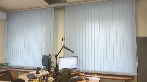 Вертикальные жалюзи василькового цвета для оформления оконных проемов в офисном помещении.