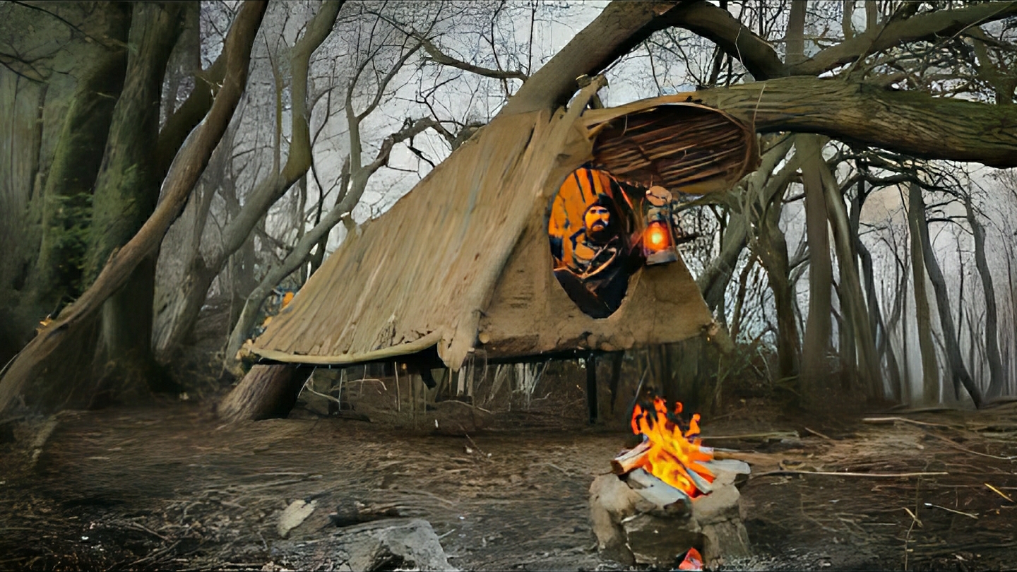 Строю навесное укрытие на дереве для выживания в дикой природе. Ужинаю на природе в лесу. Бушкрафт