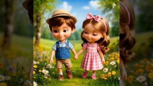 Девочка и мальчик идут вперед, взявшись за руки. Короткое видео. Оживление картинки.