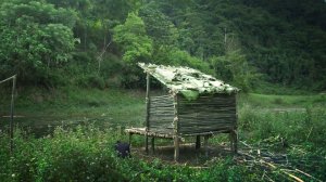 Самодельная хижина и кемпинг на реке. Отдых на природе, ловля рыбы. Бушкрафт