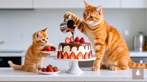😹Мама кошечка со своим маленьким сыночком готовят вкусный клубничный торт🔥